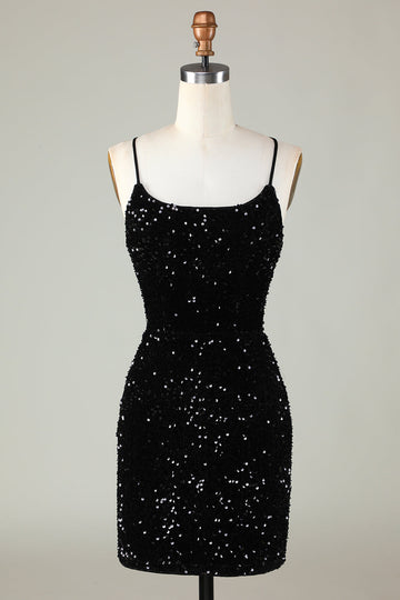 Spaghetti Straps Sequin Bodycon Little Black Dress